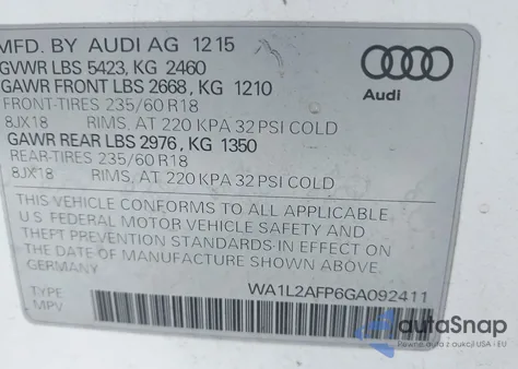2016 Audi Q5 2.0T Premium from USA, damaged, VIN WA1L2AFP6GA092411
